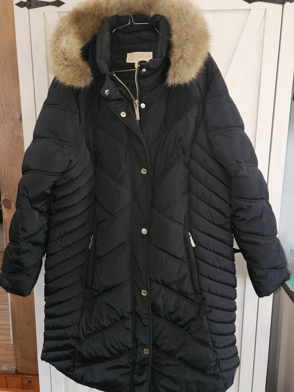 Michael Kors Black Quilted Long Puffer Coat with Faux Fur Hood Trim